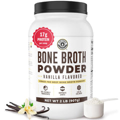 Left Coast Performance vanilla bone broth powder jar shown for convenient protein boost