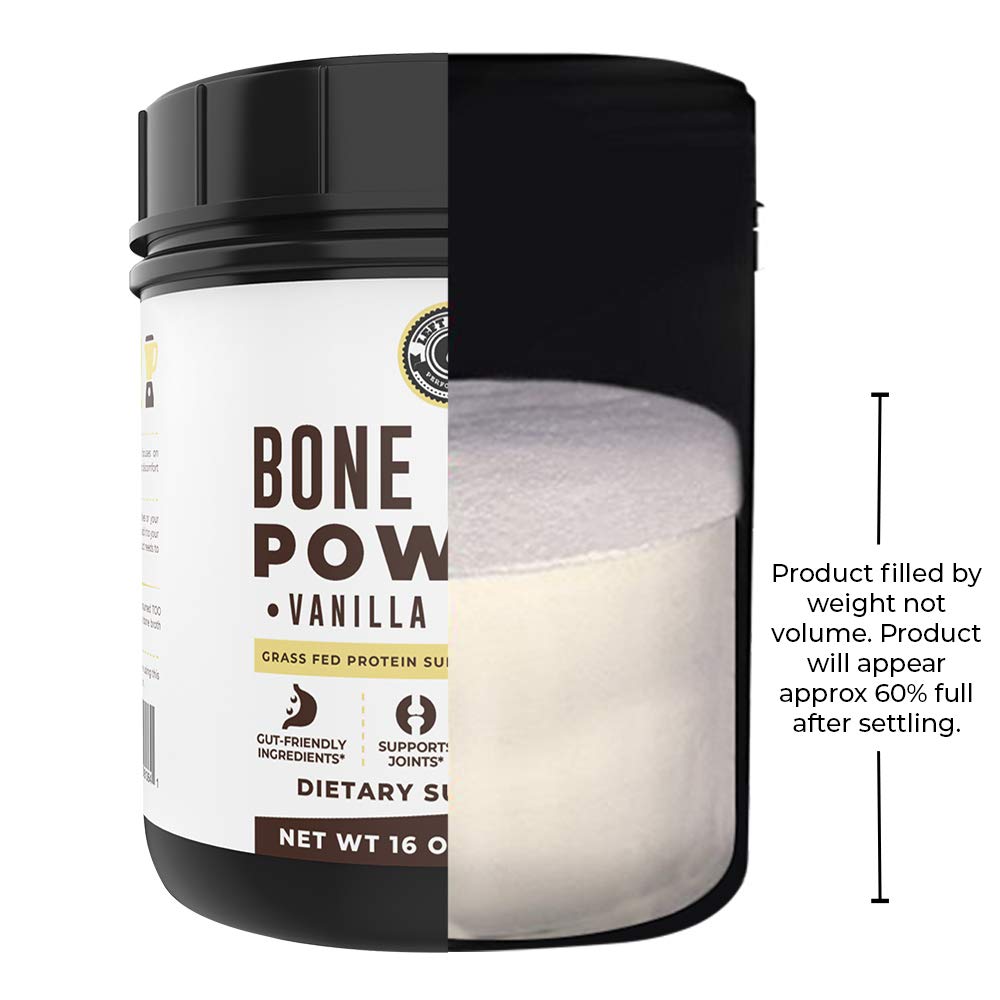 Left Coast Vanilla Bone Broth Protein Powder packaging close-up highlighting non-GMO claim.
