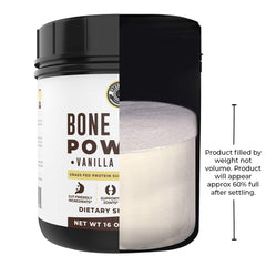 Left Coast Vanilla Bone Broth Protein Powder packaging close-up highlighting non-GMO claim.