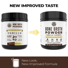 Left Coast Vanilla Bone Broth Protein Powder jar emphasizes 16 oz by weight.