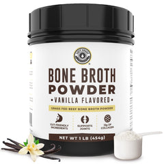 Left Coast Vanilla Bone Broth Protein Powder jar showing vanilla flavor and protein boost.