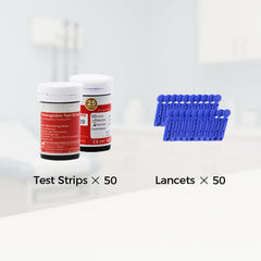 LeftyChoice hemoglobin test strips packaging – 50 pieces and meter compatibility.