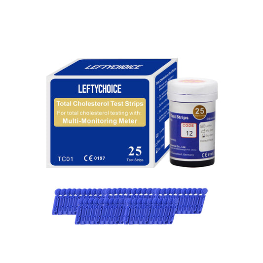 LeftyChoice cholesterol test strips close-up for home monitoring