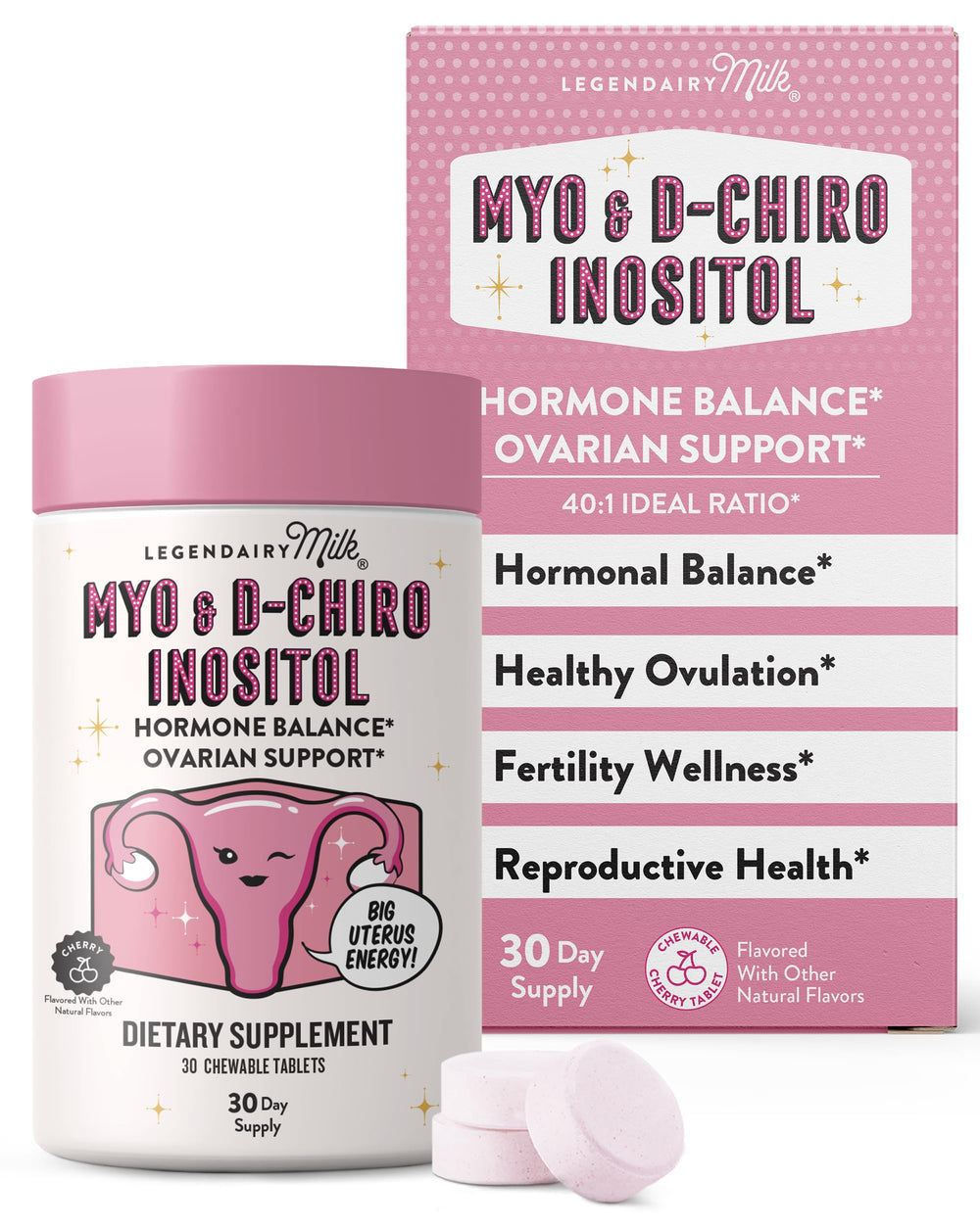 Legendairy Milk Myo-Inositol and D-Chiro Inositol chewable tablets close-up highlighting daily hormone balance support