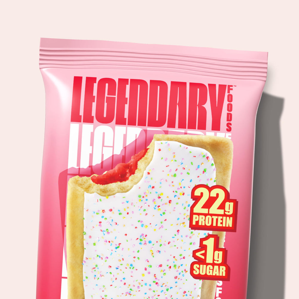 Ready-to-eat Legendary Foods 22g Protein Pastry near gym bag for workouts.