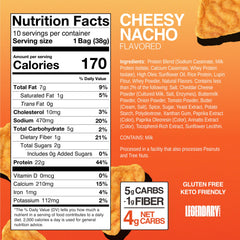 Legendary Foods Cheesy Nacho Protein Chips closeup showing crispy popped texture and cheese flavor.