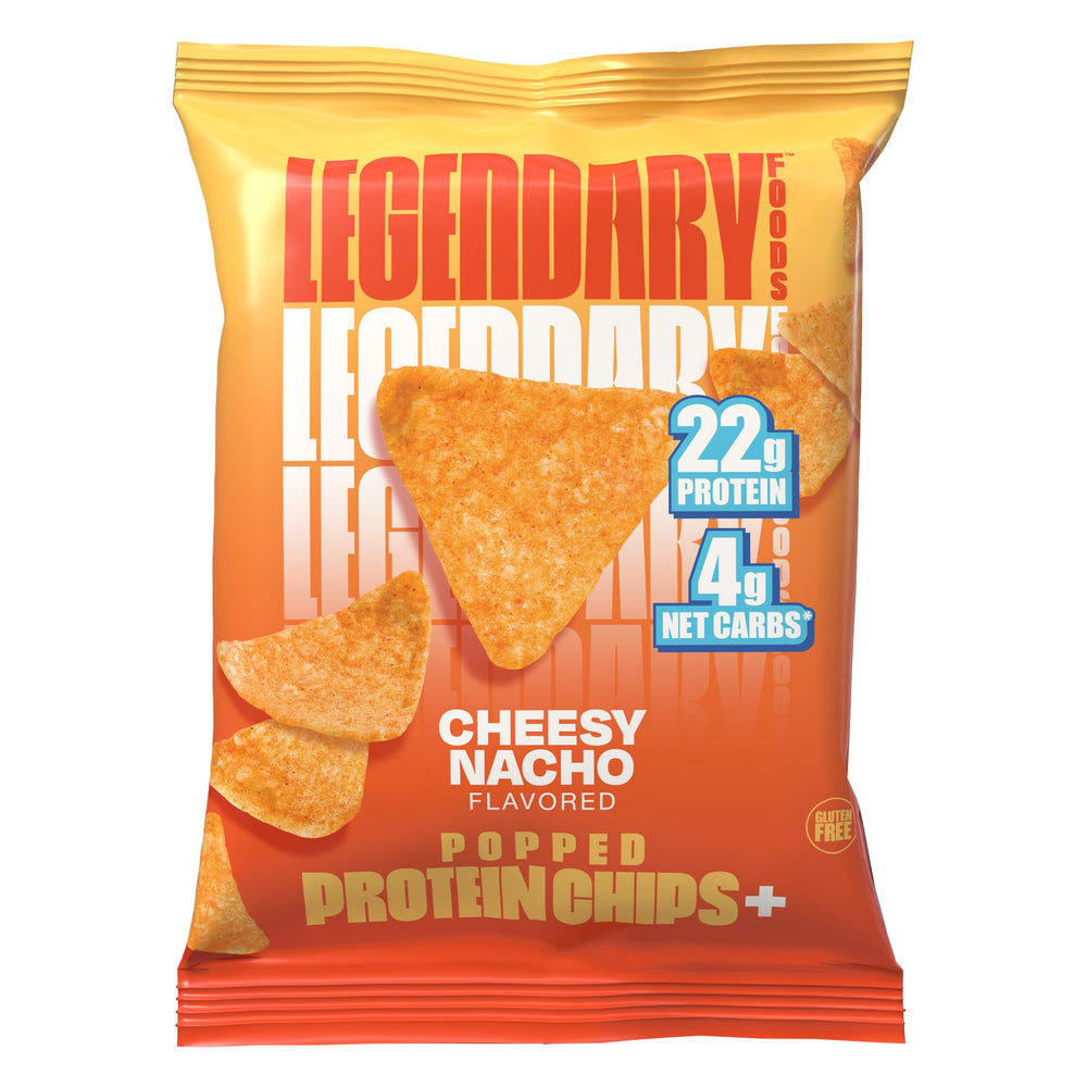 Legendary Foods Cheesy Nacho Protein Chips dip-ready scene for versatile snacking.
