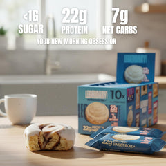 Legendary Foods Cinnamon Roll bar with gluten-free badge—suitable for gluten-free diets.