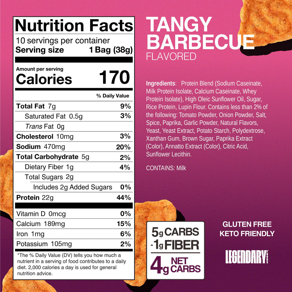 Legendary Foods Tangy BBQ Protein Chips pack front view highlighting portion size.