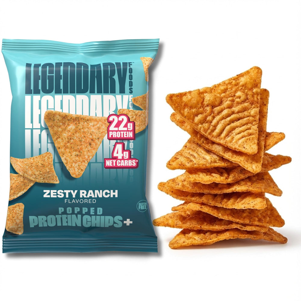 Legendary Foods Zesty Ranch protein chips in a bag for on-the-go snacking