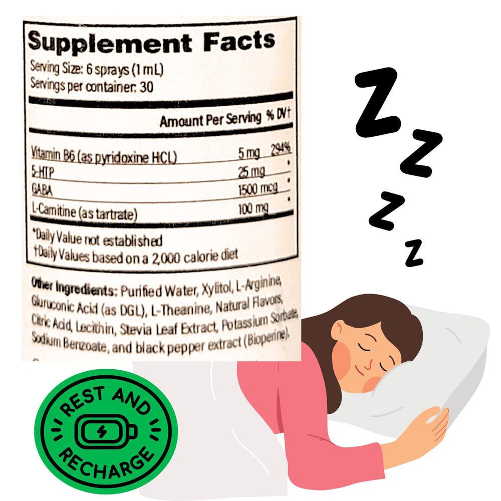 Hands dispensing Legere 5-HTP Plus GABA spray for calm.