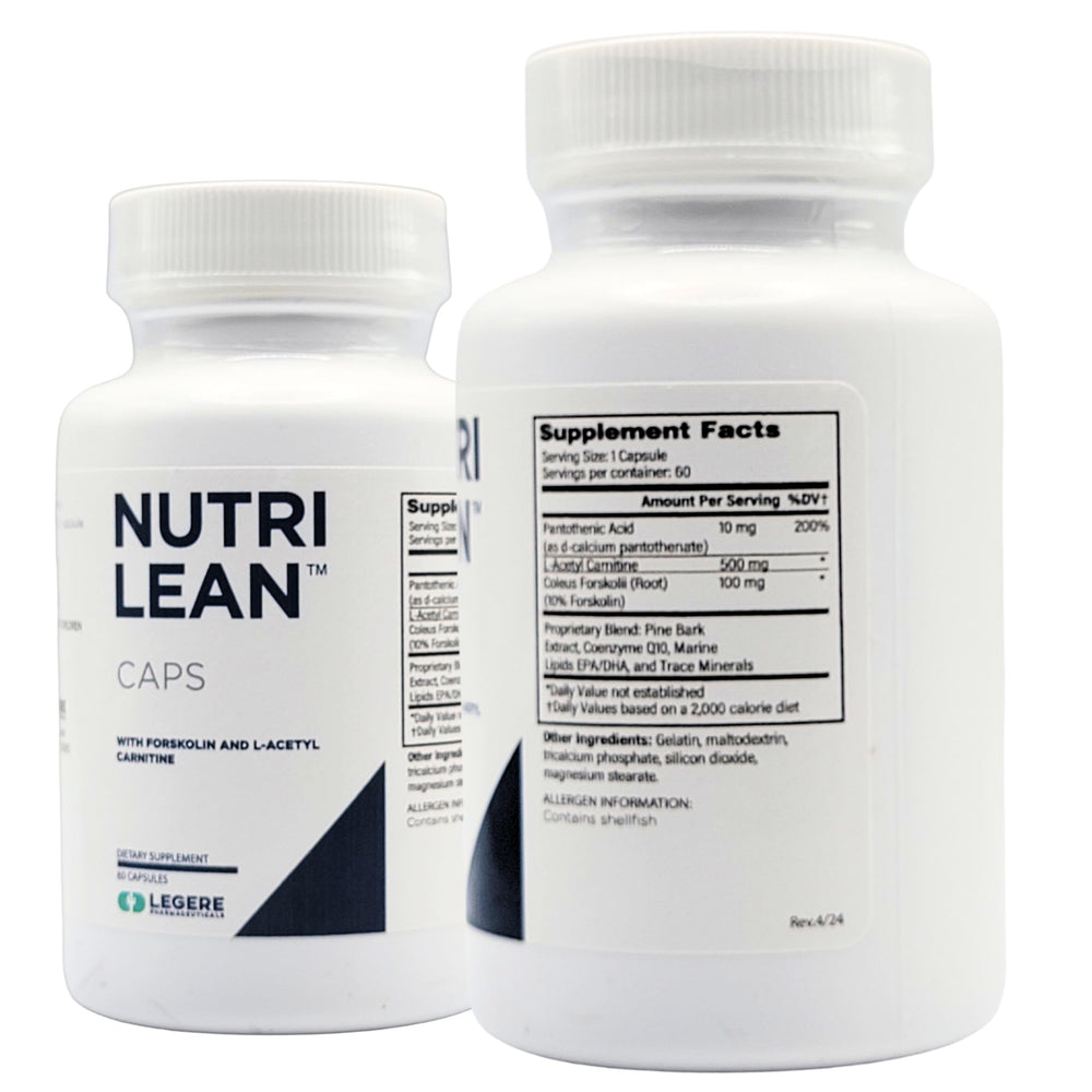 Legere NutriLean bottle label highlighting Pycnogenols, CoQ10, and marine lipids