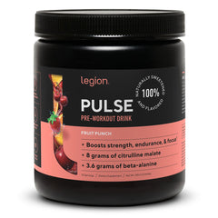 LEGION Pulse preworkout bottle front shows a clean label for energy support