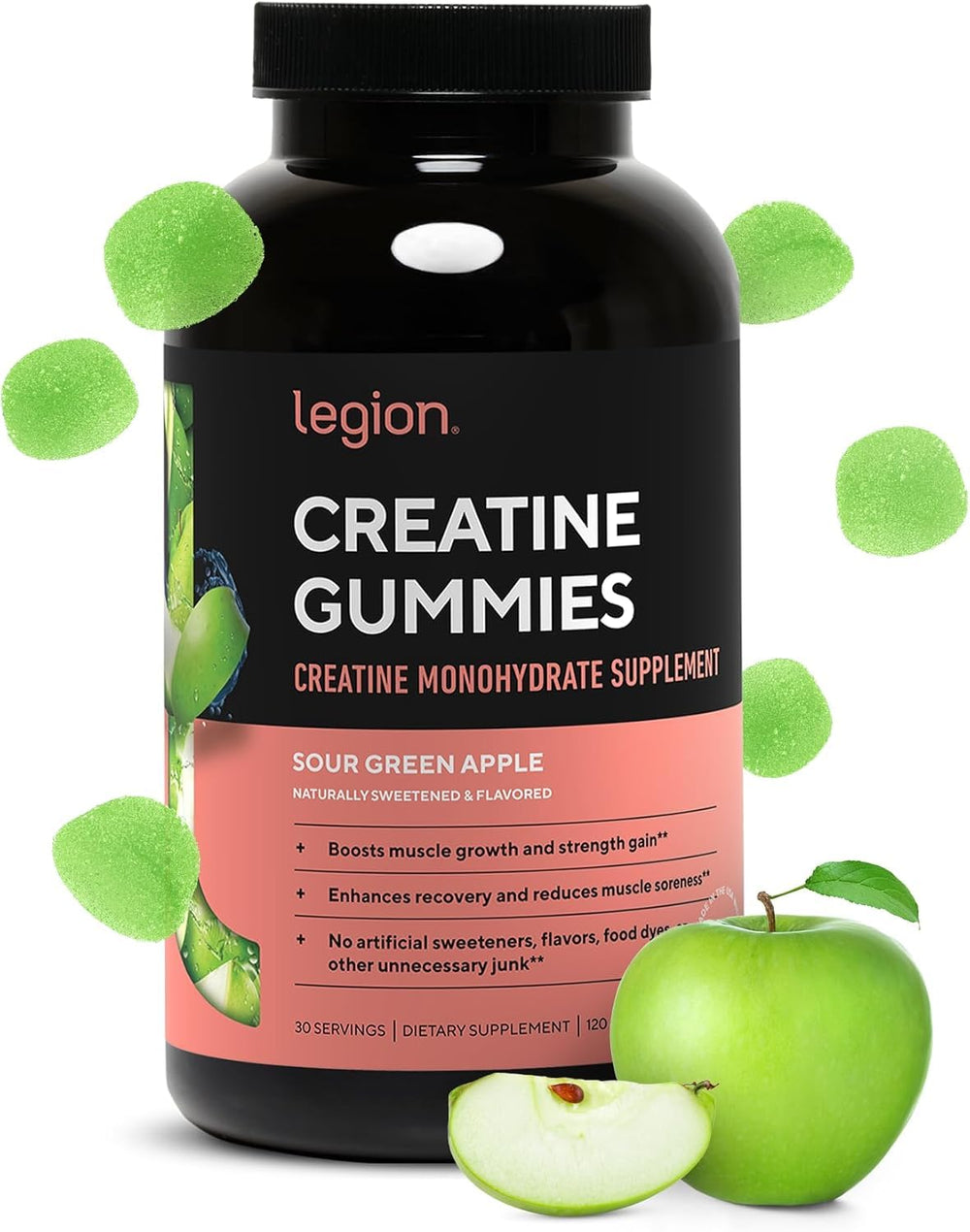 LEGION Creatine Monohydrate Gummies jar-front for daily strength support.