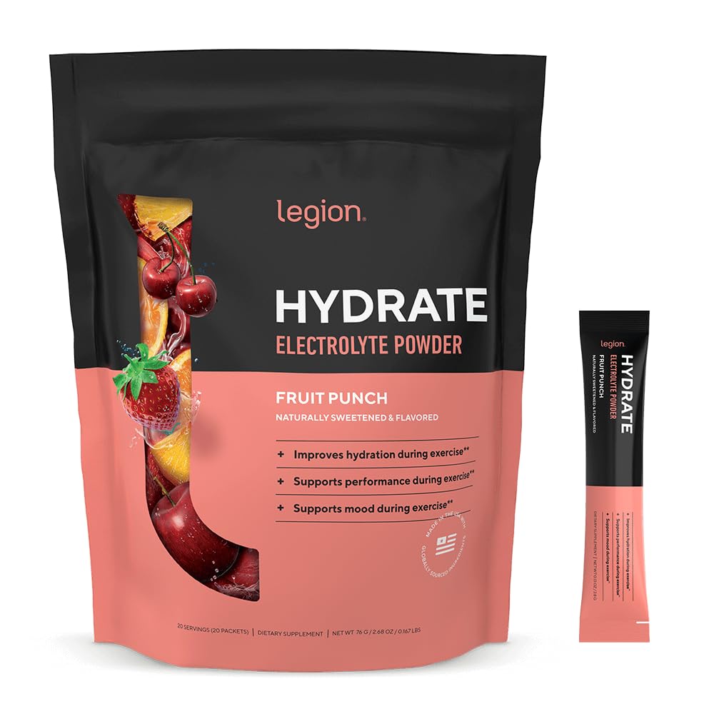 LEGION Hydrate electrolyte packets in fruit punch for clean hydration on the go