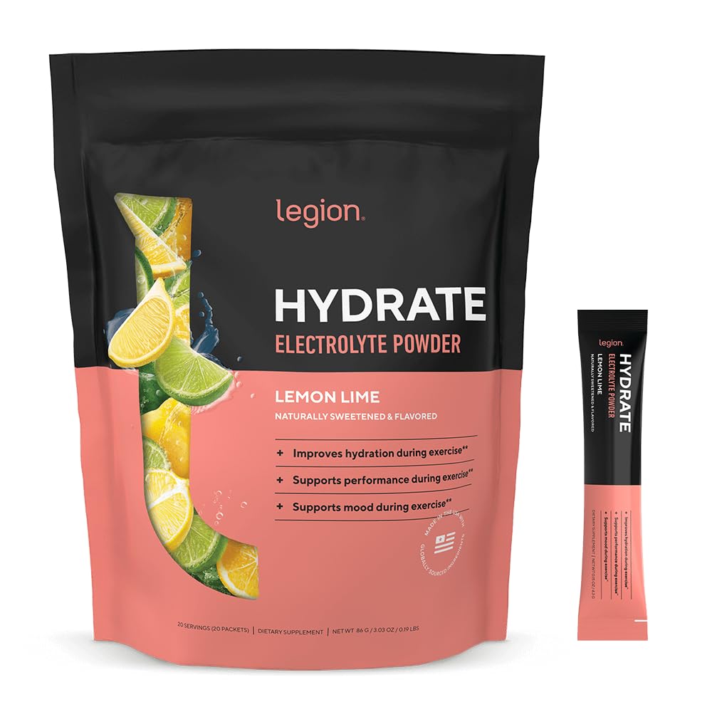 LEGION Hydrate lemon-lime packet dissolving for quick, sugar-free hydration.