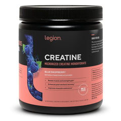 LEGION micronized creatine powder close-up showing blue raspberry flavor for smoother mixing.
