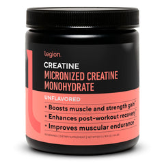 LEGION micronized creatine monohydrate bottle showing clean, high-absorption formula for workouts