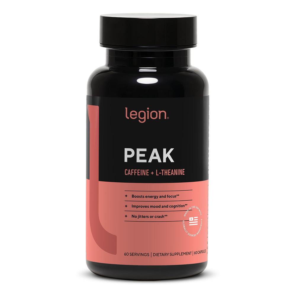 LEGION Peak bottle with capsules for calm energy and focus.