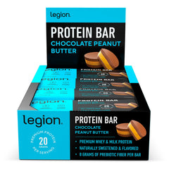 Legion Protein Bar unwrap shows chocolate peanut butter flavor, a convenient on-the-go snack.