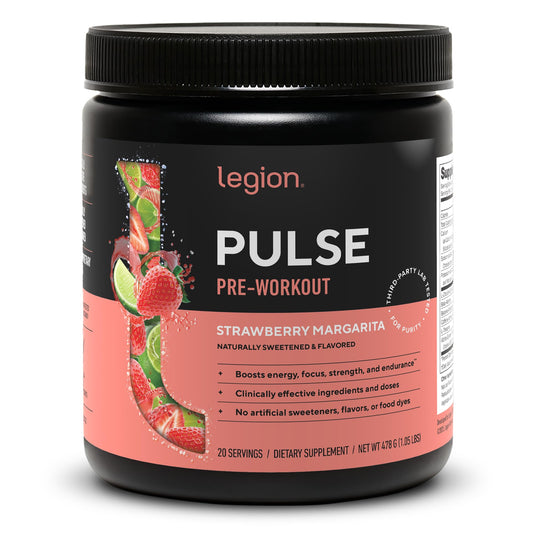 LEGION Pulse bottle front with natural energy formula and no jitters.