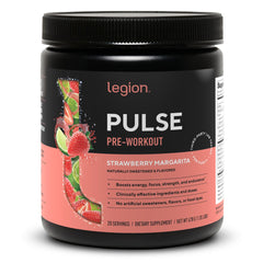 LEGION Pulse bottle front with natural energy formula and no jitters.