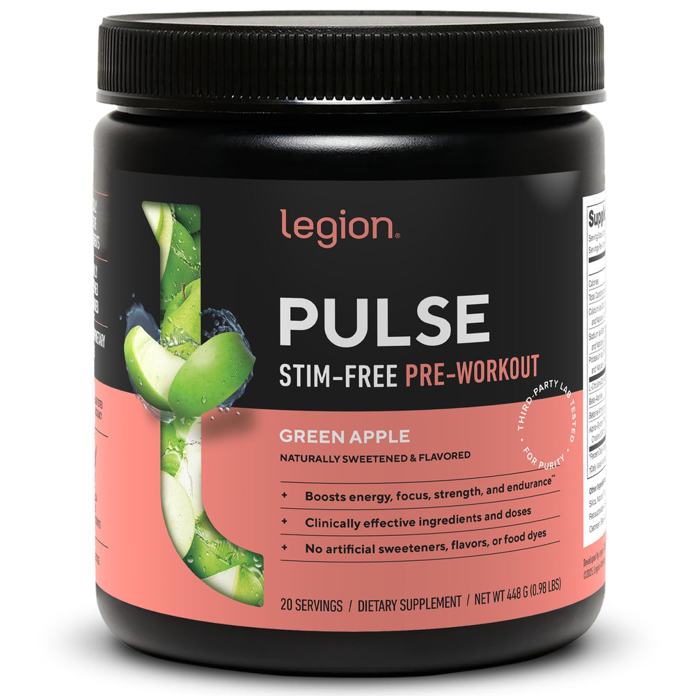 LEGION Pulse pre-workout bottle front with green apple flavor for clean energy