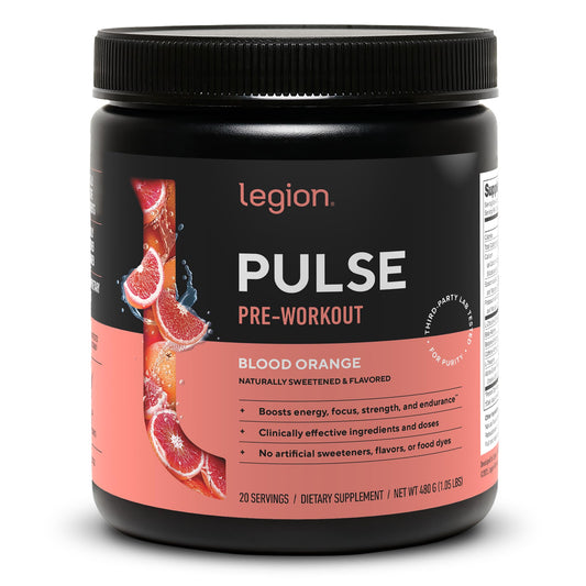 LEGION Pulse pre-workout bottle front showing natural blood orange flavor for clean energy.