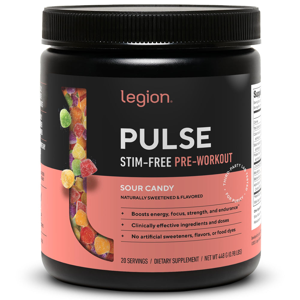 LEGION Pulse pre-workout bottle front view highlighting stimulant-free formula