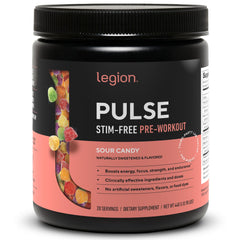 LEGION Pulse pre-workout bottle front view highlighting stimulant-free formula