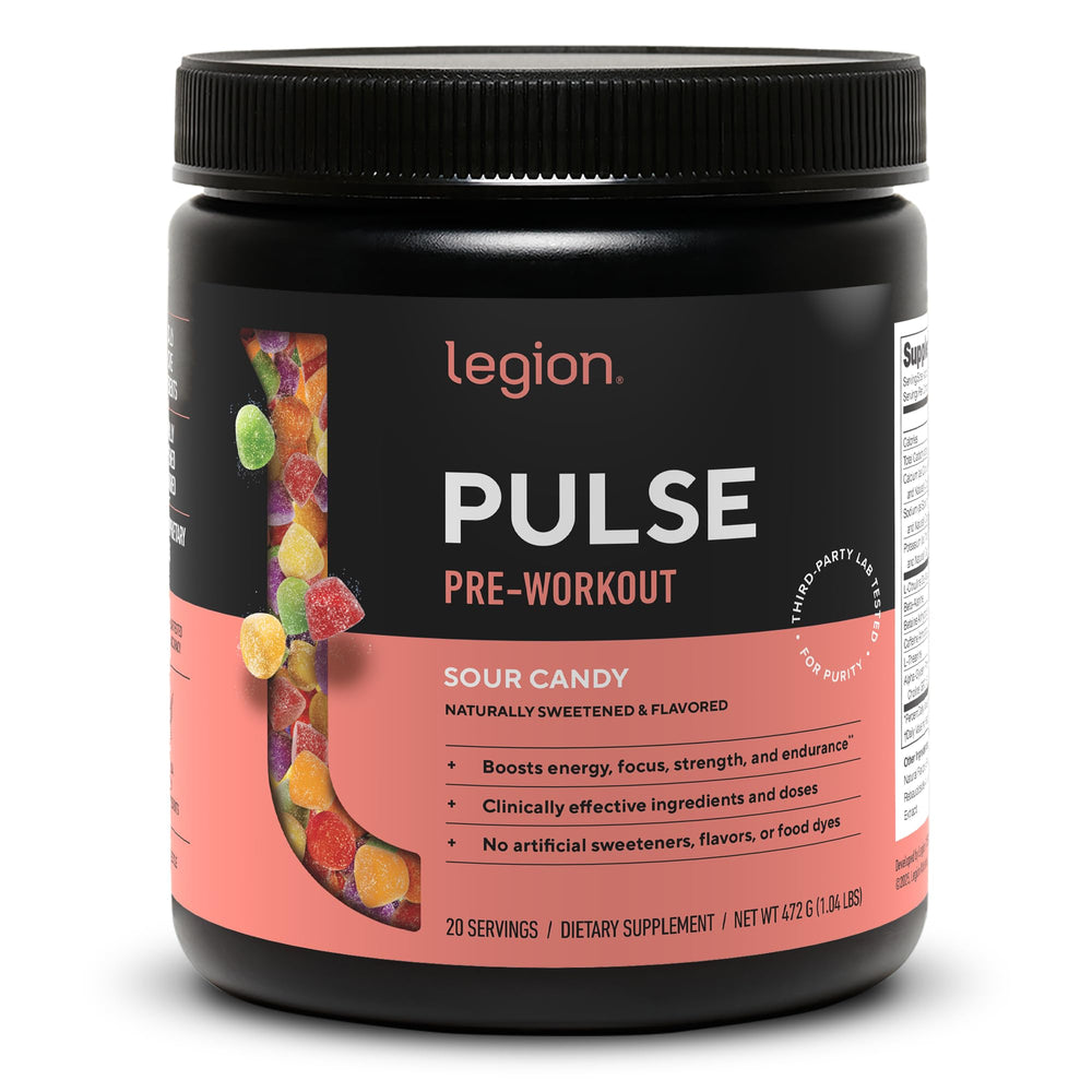 LEGION Pulse Pre Workout bottle shows clean energy for intense sessions.