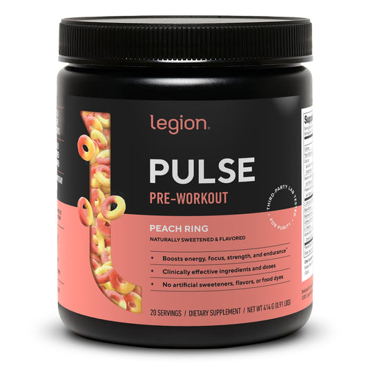 LEGION Pulse peach tub ready to energize workouts with natural sweetness and clean ingredients.