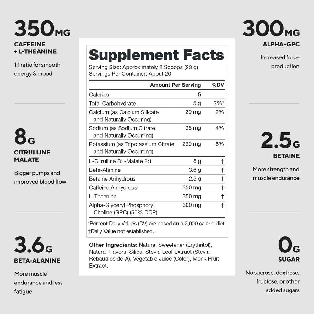 LEGION Pulse Pre Workout tub label highlights six ingredients and no artificial additives.