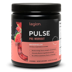 LEGION Pulse watermelon preworkout bottle highlights natural flavor and steady energy