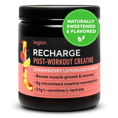 LEGION Recharge bottle pour highlights a refreshing post-workout recovery drink that supports muscle recovery.