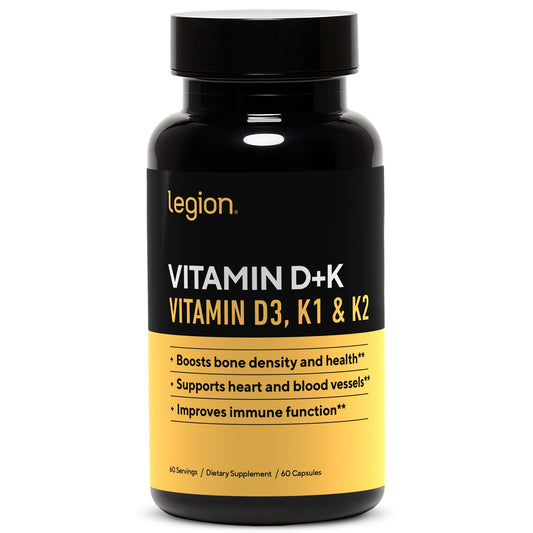 LEGION Vitamin D3 K2 bottle pour shows a clean label for bone and immune support.