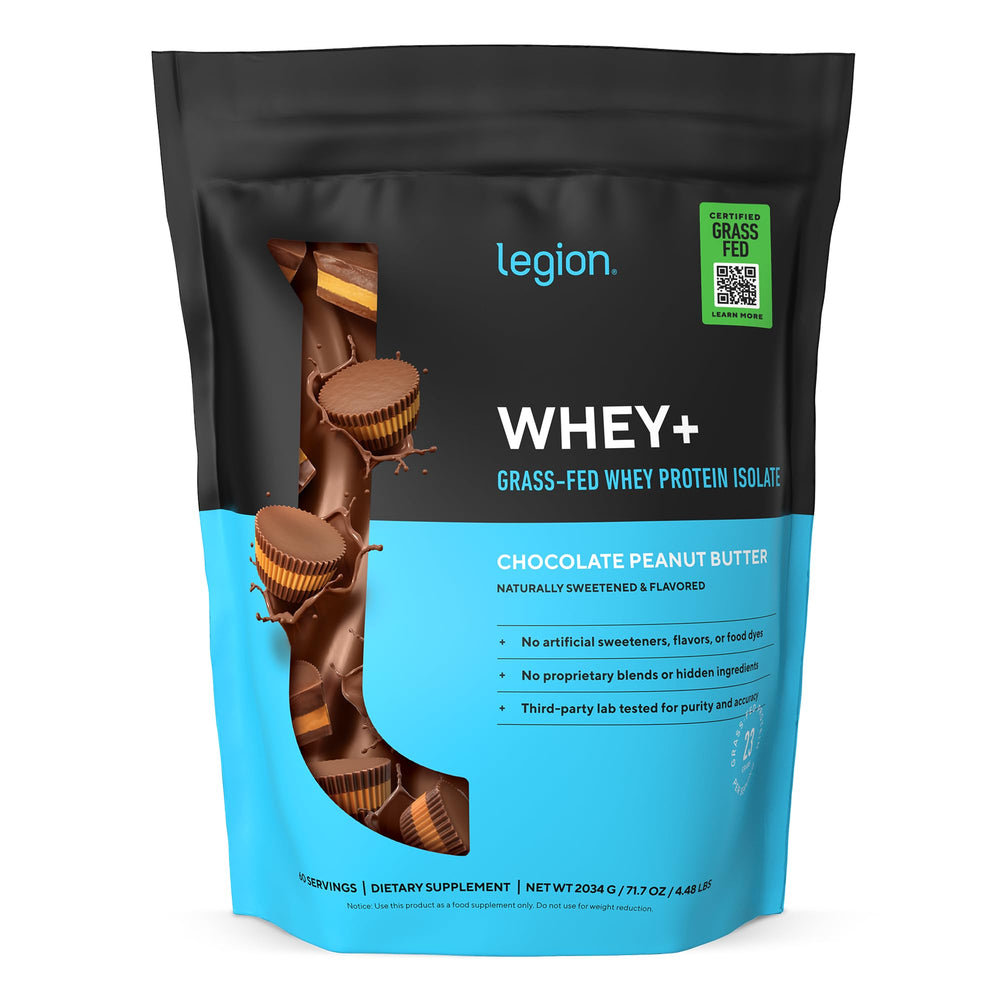 Legion Whey+ Chocolate Peanut Butter bottle shows grass-fed protein for daily recovery.