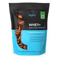 Legion Whey+ Chocolate Peanut Butter bottle shows grass-fed protein for daily recovery.