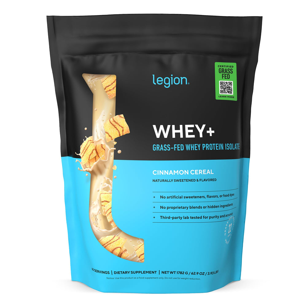LEGION Whey+ Cinnamon Cereal container showcasing high-protein formula