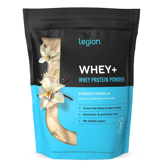 LEGION Whey+ grass-fed milk canister highlights clean label and quality ingredients.