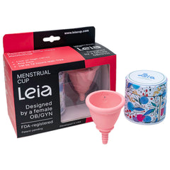 Leia premium soft menstrual cup with metal carrying case for safe transport.