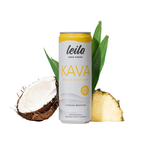 Leilo kava-powered pina colada can, tropical flavor for relaxed evenings without alcohol.