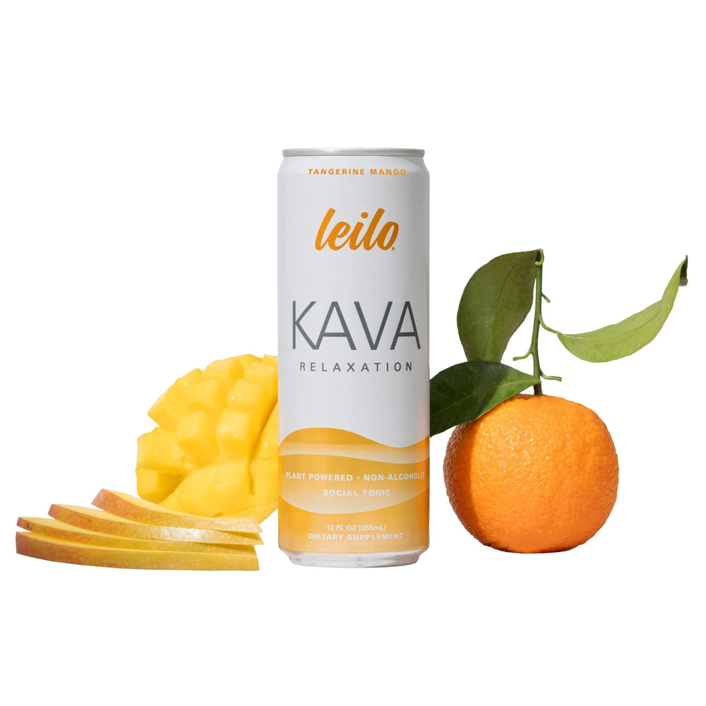 Leilo Kava Sparkling Tangerine Mango can, a refreshing non-alcoholic option for relaxed evenings.