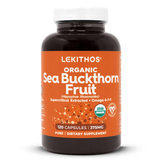 Lekithos Sea Buckthorn Capsules bottle shows premium omega complex for daily support