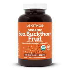Lekithos Sea Buckthorn Capsules bottle shows premium omega complex for daily support