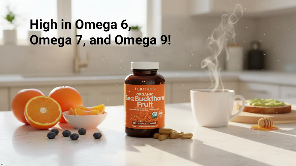 Close-up of Lekithos Sea Buckthorn Capsules emphasizing omega-rich formula for skin and gut care
