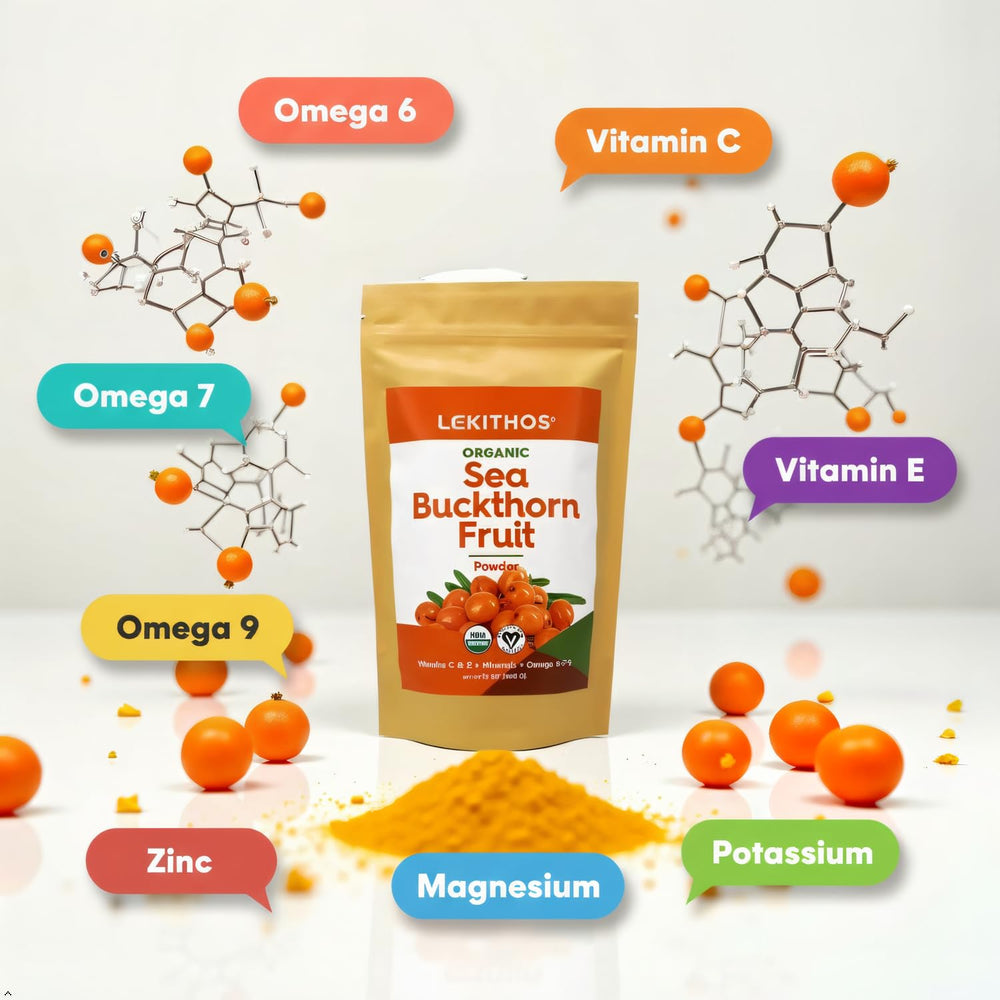 Lekithos sea buckthorn powder smoothie ready, signaling convenient nutrient boost.