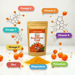 Lekithos sea buckthorn powder smoothie ready, signaling convenient nutrient boost.