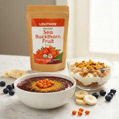 Lekithos sea buckthorn powder scoop enables precise measurements for recipes.