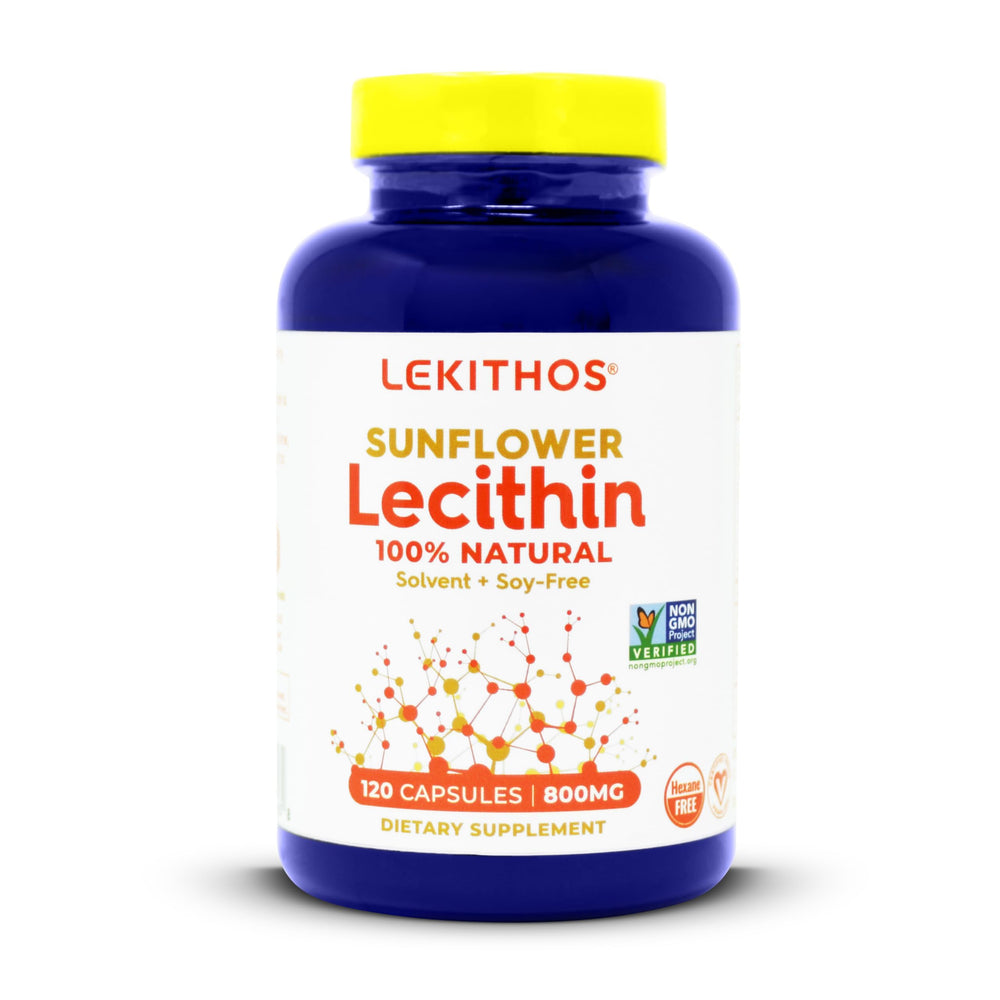 Lekithos sunflower lecithin bottle front, solvent-free vegan supplement for daily wellness